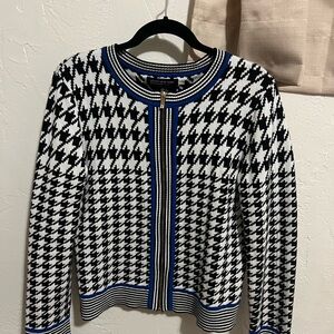 Jones New York Black and White Houndstooth Cardigan with Blue Trim